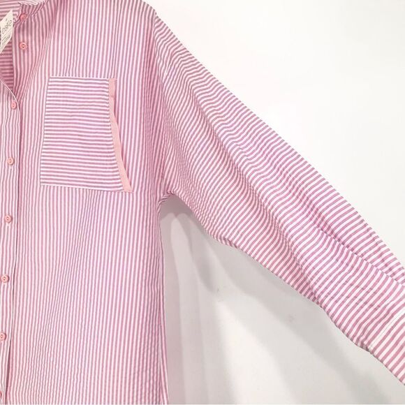 Bislife Pink White Candy Stripe Button Up Drawstring Tunic Top, Mini Dress NEW - Picture 9 of 16